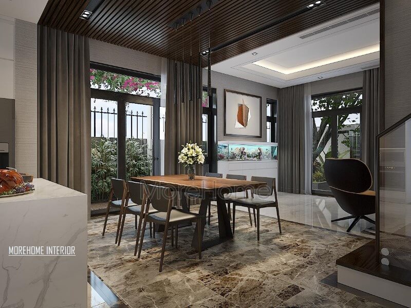 Bố trí phòng ăn hiện đại, sang trọng với sự phá cách trong vật liệu trang trí từ đá lát sàn, gỗ ốp tường hay bàn gỗ óc chó nguyên tấm. Thiết kế nội thất