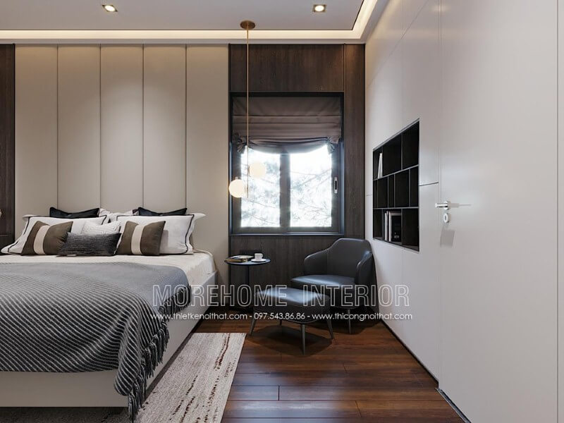 Trang trí nội thất phòng ngủ đẹp sang trọng ấn tượng với không gian đọc sách từ chiếc tủ khép kín với khoảng hở đúng chỗ. Thiết kế nội thất