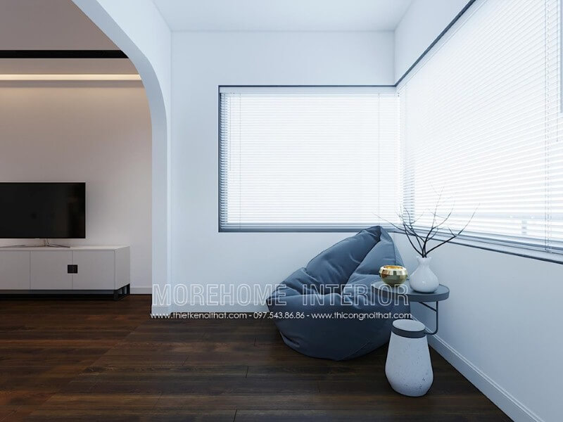 Ghế lười màu xám kết hợp cùng chiếc bàn nhỏ xinh xắn vừa đảm bảo công năng vừa mang lại vẻ đẹp thẩm mỹ lại vừa giúp không gian trở nên thông thoáng. Thiết kế nội thất