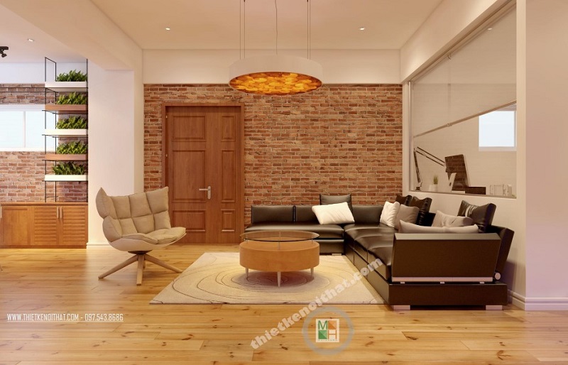 Mẫu thiết kế nội thất phòng khách chung cư hiện đại với bộ sofa bọc da cao cấp tạo điểm nhấn nổi bật cho căn phòng