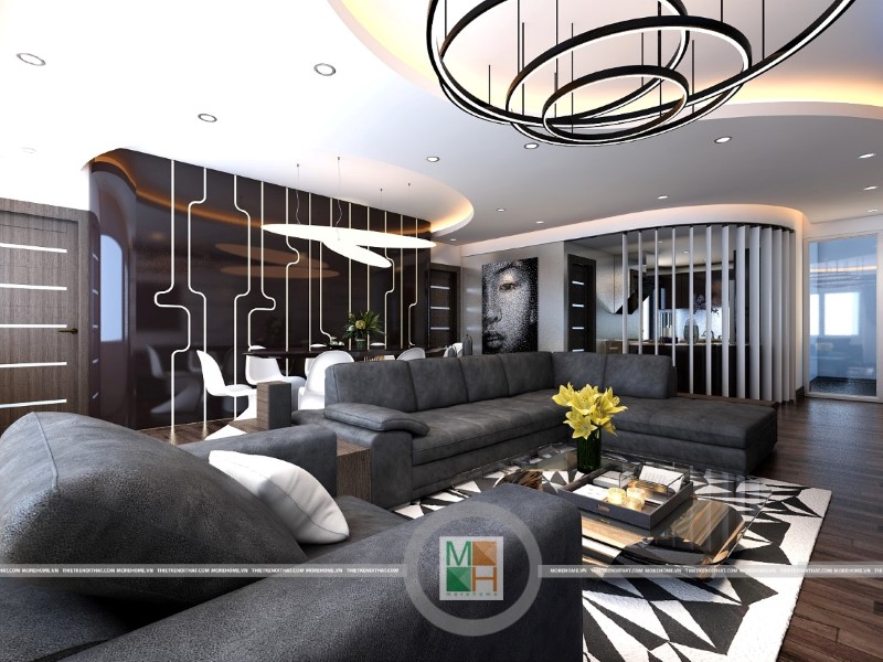 Mẫu thiết kế nội thất phòng khách chung cư hiện đại với đồ nội thất sang trọng: sofa da cao cấp, đèn trang trí, gỗ ốp sàn ,.. mang đến không gian sống đẳng cấp cho gia chủ