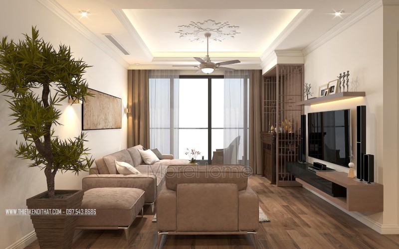 Thiết kế nội thất phòng khách chung cư hiện đại với gam màu nâu nhạt đàm ấm dễ chịu
