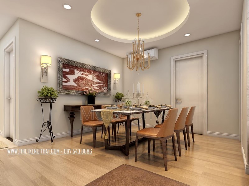 Với tone màu chủ đạo nâu sữa nhẹ đồng bộ và kết hợp hài hòa với các sắc màu sử dụng xuyên suốt không gian, góp phần tạo một thể không gian nội thất phòng ăn thống nhất, hài hòa và cân bằng.