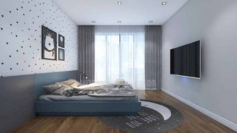 Ý tưởng bố trí phòng bé đơn giản với cửa lớn cùng rèm 2 lớp giúp phòng bé luôn tràn trề sinh khí nhưng vẫn giảm thiểu tối đa sức nóng ngày hè oi ả. Thiết kế nội thất