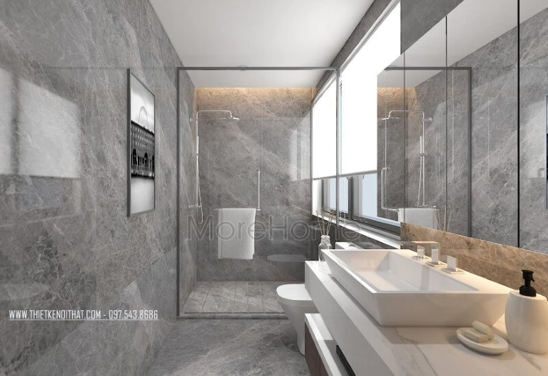 Phòng tắm hiện đại nổi bật với sắc trầm chủ đạo từ gạch xám ốp tường cao cấp. Thiết kế nội thất
