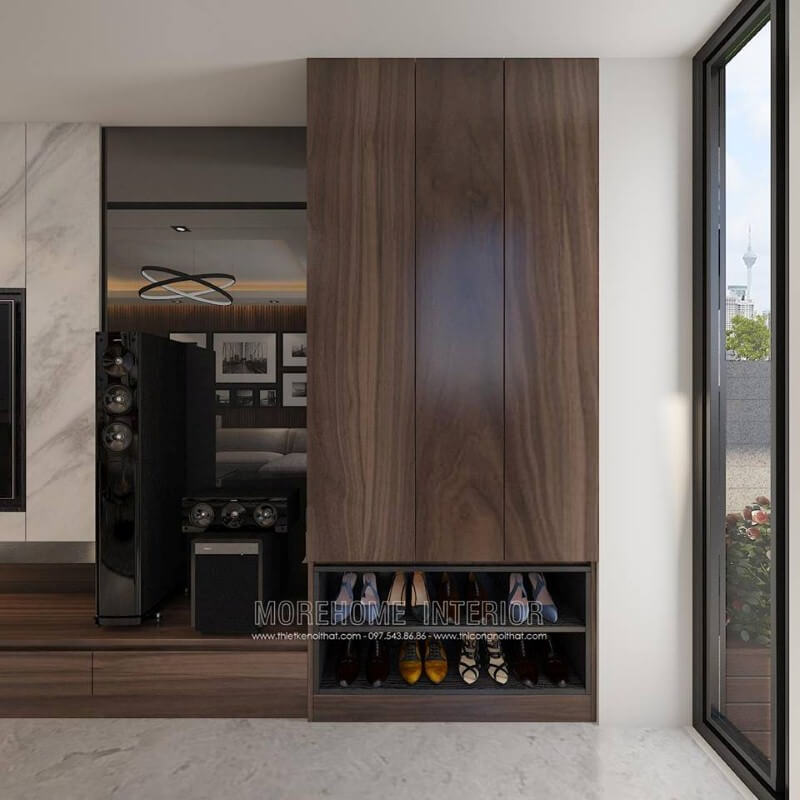Kệ trang trí để giày, đồ ngay từ cửa chính là một trong những giải pháp khá thông minh đảm bảo khá nhiều công năng ngay từ khi bước vào ngôi nhà. Mẫu nội thất biệt thự đẹp
