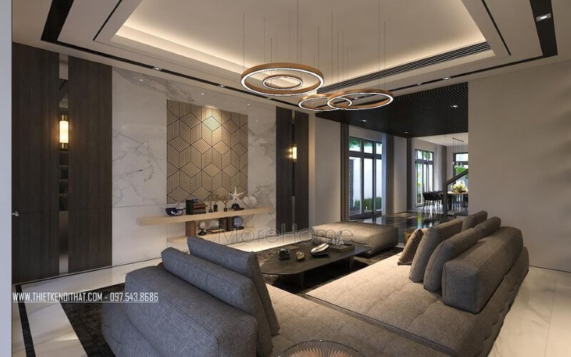 Đá kết hợp cùng gỗ ốp tường là một trong những xu hướng ấn tượng trong trang trí phòng khách hiện đại, cao cấp. Mẫu nội thất biệt thự đẹp