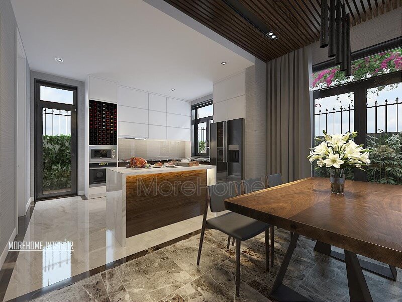 Thiết kế phòng bếp biệt thự hiện đại với thiết kế theo cách hướng tới tự nhiên với ánh sáng được tận dụng một cách tối đa trong mọi góc cạnh ngôi nhà. Mẫu nội thất biệt thự đẹp