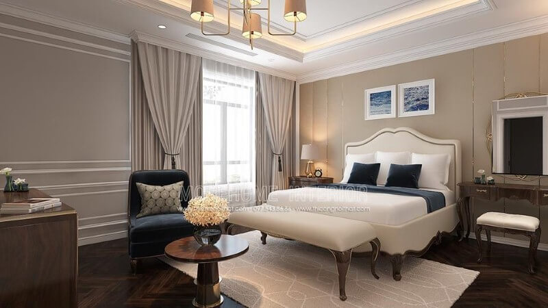 Thiết kế nội thất phòng ngủ tân cổ điển đẹp, sang trọng nổi bật với sắc trắng điểm nhấn từ bộ đôn, giường bọc nệm gỗ óc chó tự nhiên. Thiết kế nội thất