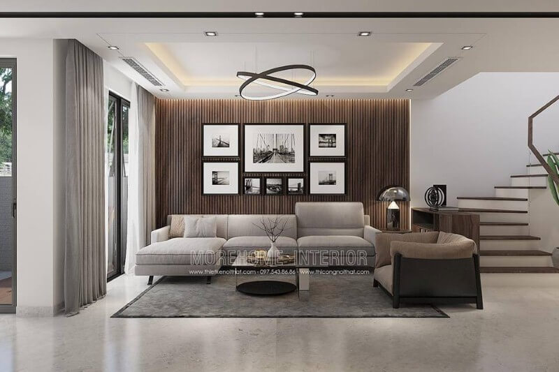 Mẫu gỗ ốp tường phòng khách đẹp, sang trọng cho phòng khách hiện đại. Thiết kế nội thất