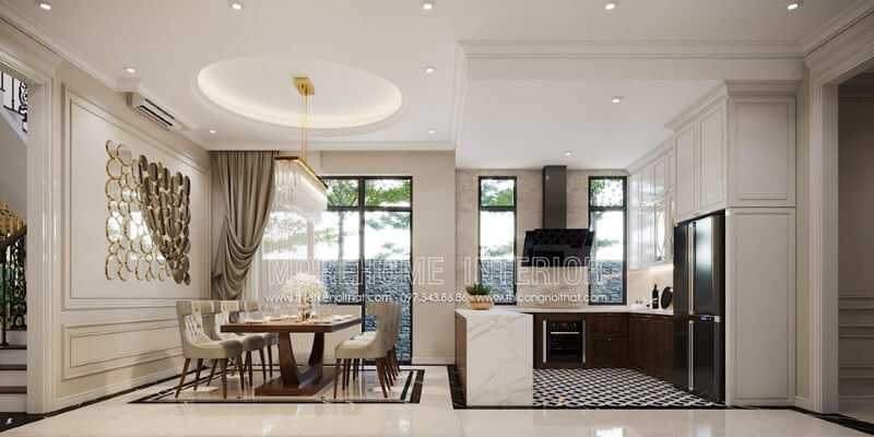Sắp xếp nội thất phòng ăn liền phòng bếp đẹp, sang trọng theo phong cách đương đại. Thiết kế nội thất