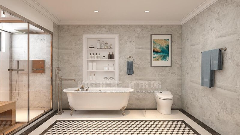 Bồn tắm độc lập Vitoria Hafele cao cấp kết hợp cùng cách thiết kế khoa học, thẩm mỹ từ đá ốp tường, gạch lát nền giả cổ, vách tắm kính đã tạo nên không gian phòng tắm đẹp, sang trọng, độc đáo. Thiết kế nội thất