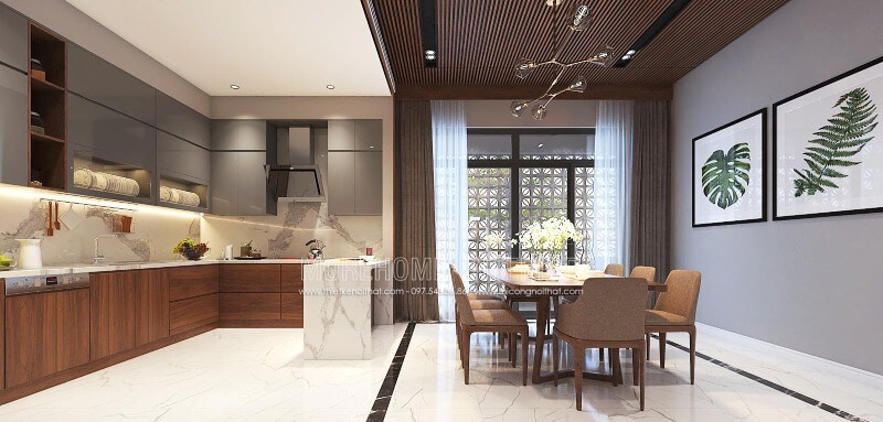 Trang trí nội thất phòng bếp liền phòng ăn đẹp, hiện đại, sang trọng cho biệt thự, nhà phố tại Vinh, Nghệ An. Thiết kế nội thất