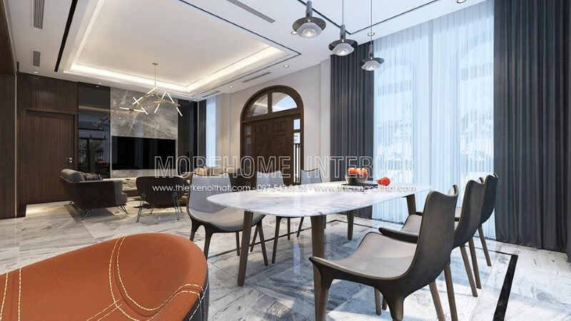 Nội thất phòng ăn được thiết kế linh hoạt, ấn tượng, phần tường gạch được thay thế bằng vách kính cường lực tận dụng được tối đa ánh sáng tự nhiên từ bên ngoài Thiết kế nội thất