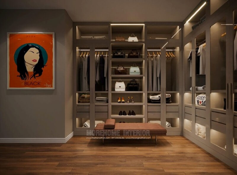 Thiết kế phòng thay đồ mở phong cách hiện đại với ý tưởng sử dụng tủ quần áo cửa kính cường lực trong suốt sẽ giúp bạn lựa đồ một cách nhanh chóng. Mẫu nội thất biệt thự đẹp