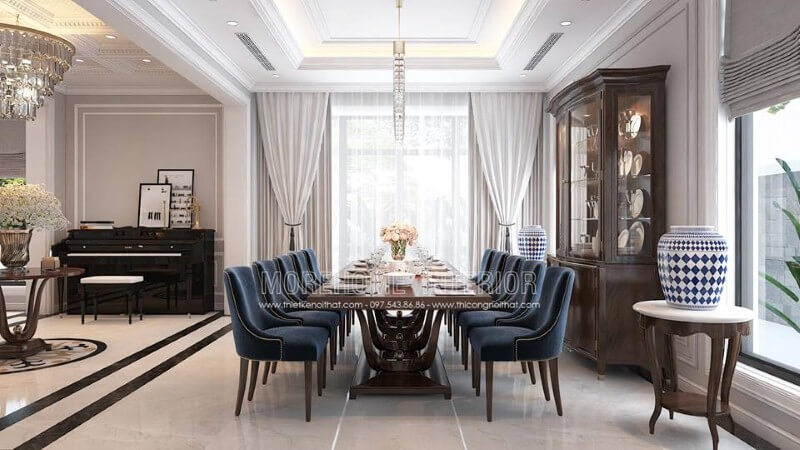 Bộ bàn ghế bọc nhung màu xanh 10 ghế đẹp sang trọng phòng ăn tân cổ điển. Mẫu nội thất biệt thự đẹp