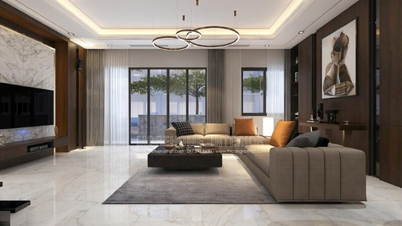 Mẫu thiết kế nội thất phòng khách biệt thự cao cấp tại biệt thự Park city với ý tưởng sử dụng phong cách hiện đại nhưng mang lối sang trọng, ấm áp. Thiết kế nội thất