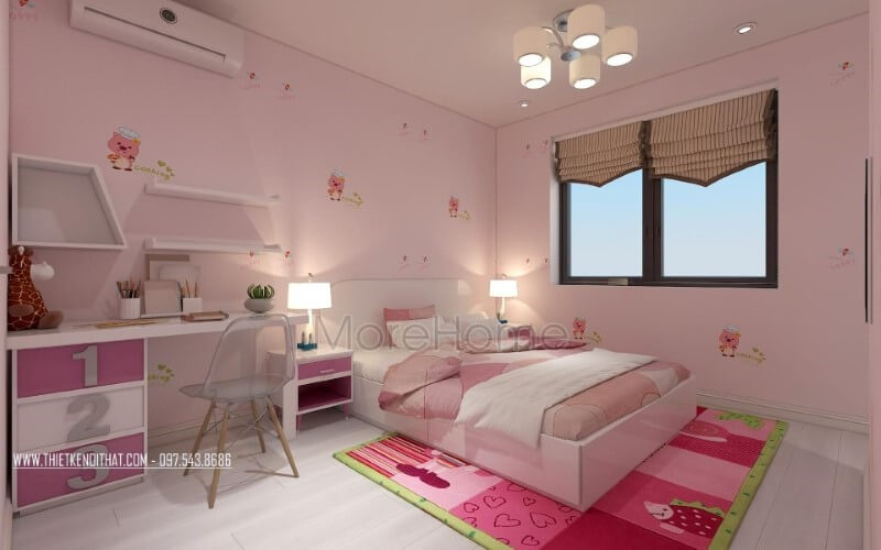 Bố trí phòng ngủ con gái đẹp, đáng yêu từ sắc hồng điểm nhấn. Thiết kế nội thất