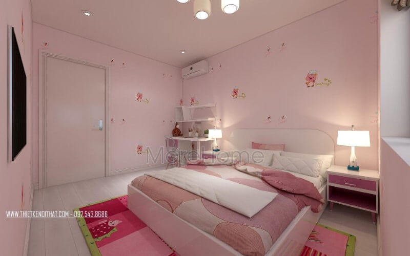 Giấy dán tường phòng ngủ đáng yêu với hình ảnh chú heo xinh xắn kết hợp đồ trang trí tràn ngập sắc hồng sẽ là lựa chọn tuyệt vời cho gái yêu của bạn. Thiết kế nội thất