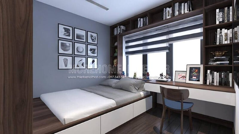 Bàn học liền kệ trang trí đẹp mắt giúp tận dụng tối đa không gian cho góc học tập của con. Thiết kế nội thất biệt thự tại Hà Nội