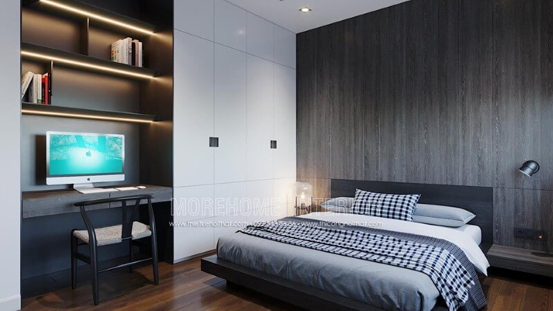 Thiết kế phòng ngủ con có góc học tập ấn tượng với nội thất gỗ công nghiệp sang trọng. Thiết kế nội thất biệt thự tại Hà Nội