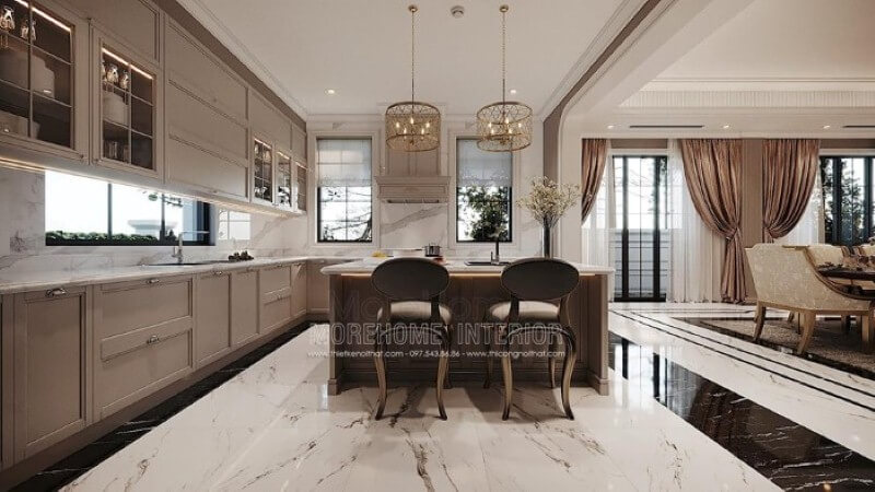 Mẫu tủ bếp đảo phong cách đương đại đẹp, sang trọng cho biệt thự, nhà phố. Thiết kế nội thất biệt thự tại Hà Nội