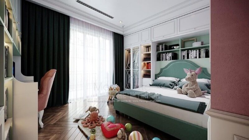 Sắp xếp nội thất phòng ngủ con gái ấn tượng với bố trí giường ngủ, kệ tủ trang trí khoa học giúp không gian thông thoáng tối đa nhưng vẫn đảm bảo công năng, tính thẩm mỹ. Thiết kế nội thất biệt thự tại Hà Nội