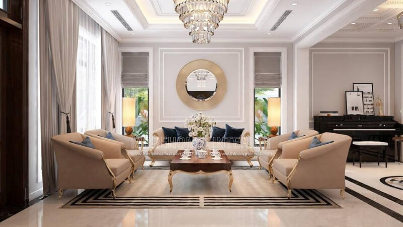 Bộ bàn ghế sofa chân gỗ mạ vàng đẹp, sang trọng cho không gian phòng khách biệt thự, nhà phố. Thiết kế nội thất biệt thự tại Hà Nội