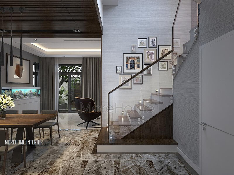 Cầu thang kính mặt bậc gỗ hiện đại đẹp tại biệt thự Xuân Phương. Thiết kế nội thất biệt thự tại Hà Nội