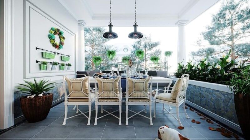 Thiết kế không gian ăn uống ngoài trời đẹp mắt với hệ thống cây xanh tươi mát cùng bộ bàn ghế ăn êm ái. Thiết kế nội thất bệt thự Hà Nội