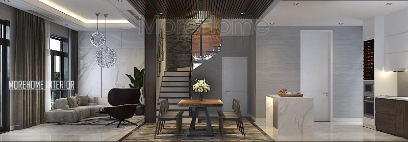 Bố trí phòng khách, bếp ăn hiện đại độc lập nhưng không sử dụng rèm che giúp không gian trở nên thông thoáng, rộng rãi. Thiết kế nội thất bệt thự Hà Nội
