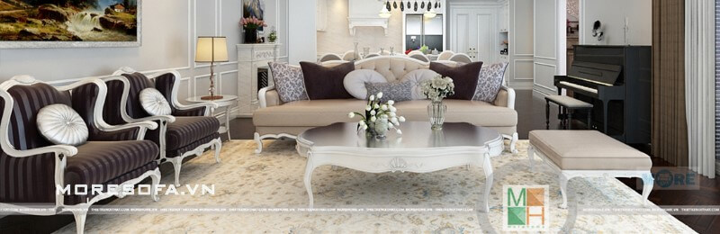 Sofa tân cổ điển MS-027 gỗ tự nhiên Tần bì sơn trắng, bọc nỉ nhập khẩu cao cấp cho phòng khách đẹp Thiết kế nội thất