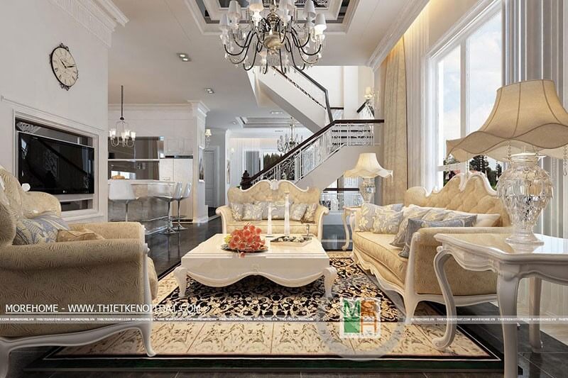 Mẫu sofa phòng khách tone màu vàng với họa tiết tân cổ điển, cùng đường cong ở thân ghế tinh tế là điểm nhấn cho không gian phòng khách Thiết kế nội thất
