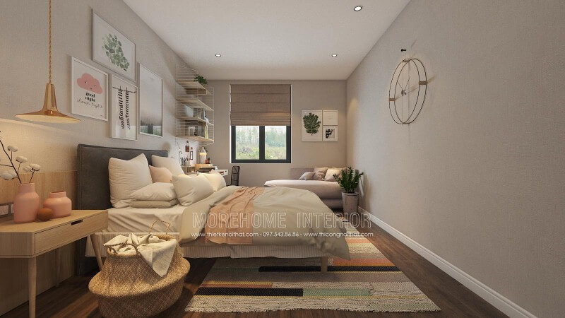 Sắp xếp nội thất phòng ngủ hiện đại đẹp sang trọng với điểm nhấn tranh treo tường, góc học tập, làm việc độc đáo.