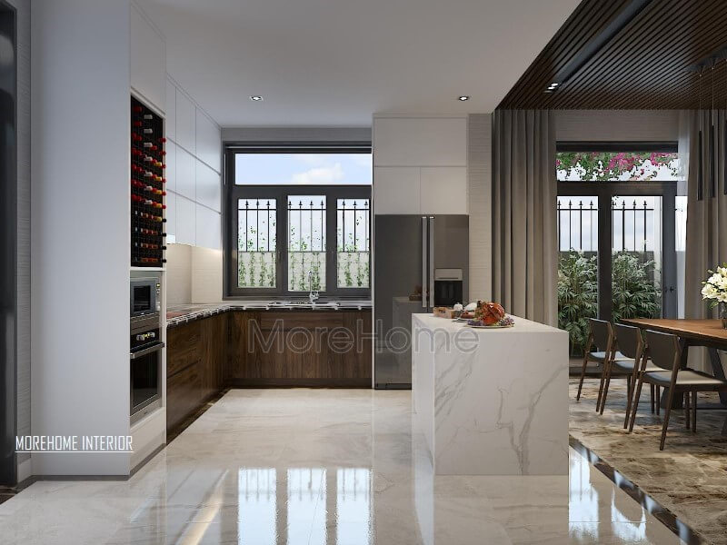 Thiết kế nội thất phòng bếp hiện đại, đẹp, thông thoáng nhưng độc lập phòng ăn bởi cách bố trí khéo léo từ bàn đảo bếp.