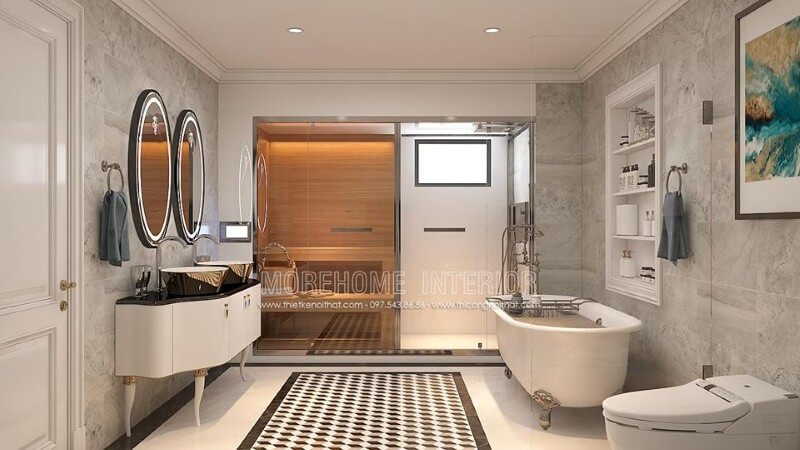 Sắp xếp nội thất phòng tắm tân cổ điển đẹp, sang trọng có phòng xông hơi, bồn tắm gia đình cao cấp. Mẫu nội thất biệt thự đẹp