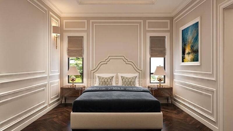 Sắp xếp cửa sổ phòng ngủ ngay đầu giường giúp không gian luôn được thông thoáng. Mẫu nội thất biệt thự đẹp