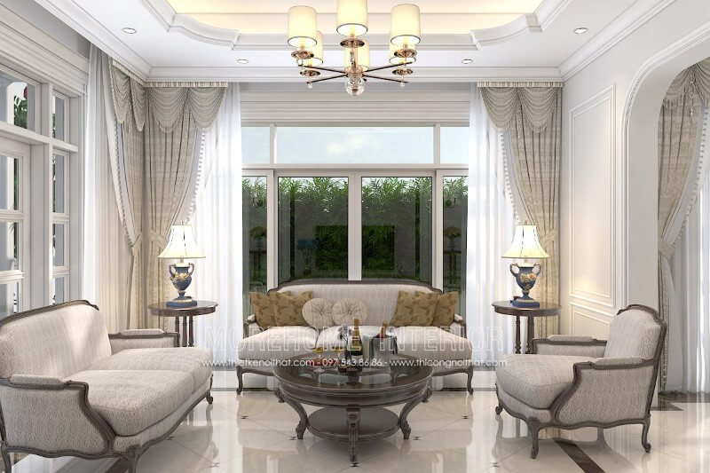 Sofa tân cổ điển gỗ tự nhiên Óc chó bọc nỉ màu ghi sáng tạo cảm giác sáng sủa, rộng rãi cho phòng khách chung cư, biệt thự, nhà phố. Mẫu nội thất biệt thự đẹp