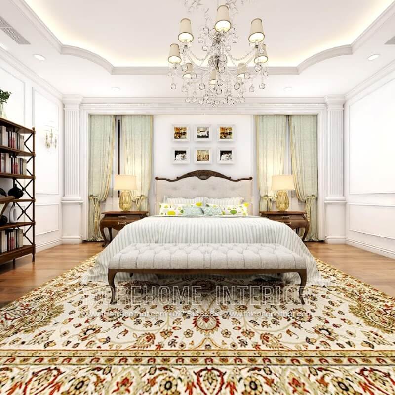 Giường ngủ gỗ óc chó bọc vải Cỏ may cao cấp kiểu dáng tân cổ điển nhẹ nhàng, tinh tế Mẫu nội thất biệt thự đẹp
