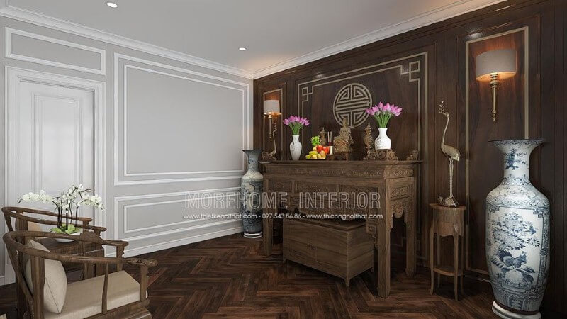 Thiết kế nội thất phòng thờ gỗ óc chó đẹp sang trọng ấn tượng từ nội thất gỗ óc chó cao cấp cùng cách kết hợp đồ khéo léo từ tủ thờ, tấm ốp tường chữ Thọ, kệ trang trí, bộ ghế bành đẹp mắt. Mẫu nội thất biệt thự đẹp