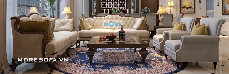 Sofa Tân cổ điển MS-018 gỗ tự nhiên bọc nỉ cao cấp nhập khẩu với các đường cong uốn lượn kết hợp với bàn trà, các vật dụng trang trí tao điểm nhấn cho phòng khách Mẫu nội thất biệt thự đẹp