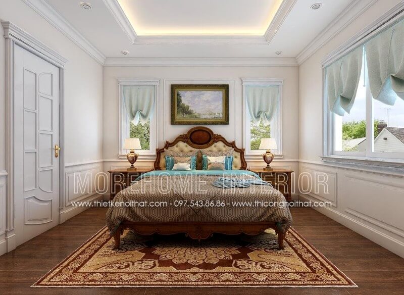 Mẫu giường ngủ gỗ óc chó tân cổ điển được Morehome thiết kế và sản xuất tại xưởng Mẫu nội thất biệt thự đẹp