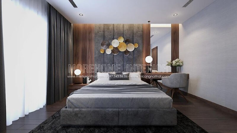 Cửa phòng ngủ ấn tượng với vị trí cùng kích thước lớn giúp bạn có thể tận hưởng tối đa nguồn sinh khí tuyệt vời từ tự nhiên. Mẫu nội thất biệt thự đẹp