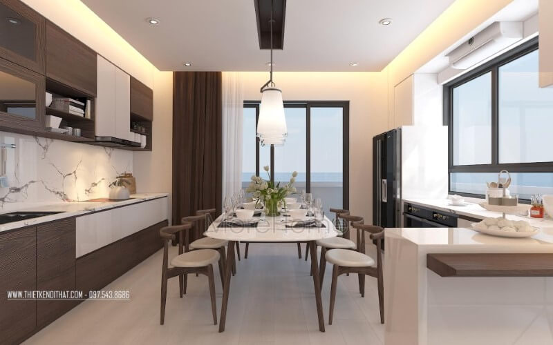 Thiết kế phòng ăn lồng trong phòng bếp vừa tạo không gian hiện đại gọn gàng vừa tiện nghi, sang trọng cho biệt thự, nhà phố. Mẫu nội thất biệt thự đẹp