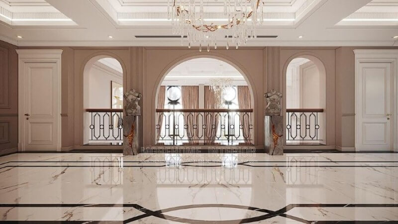 Trang trí hành lang đẹp, sang trọng cho phòng khách thông tầng. Thiết kế nội thất