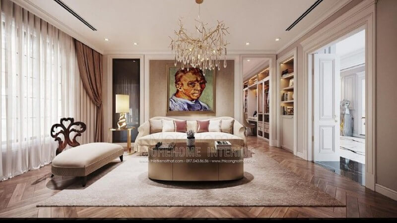 Tranh canvans treo tường chân dung họa sĩ Van Gogh nổi tiếng tạo điểm nhấn ấn tượng cho phòng giải trí trong phòng ngủ. Thiết kế nội thất