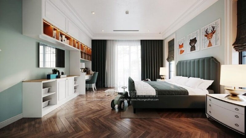 Bàn học liền kệ tivi, kệ trang trí đẹp cho phòng con. Thiết kế nội thất