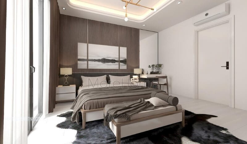 Phối cảnh nội thất phòng ngủ hiện đại ấn tượng với chất liệu gỗ óc chó sang trọng từ gỗ ốp tường, giường ngủ gỗ, đôn sofa,.. Thiết kế nội thất