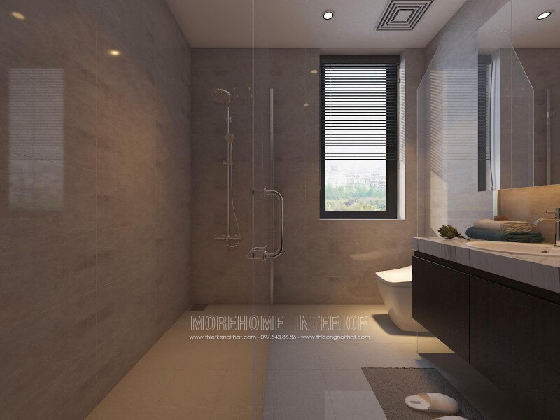 Vách tắm kính 135 độ với trang trí khoa học giúp không gian phòng tắm nhỏ trở nên thông thoáng nhưng vẫn đảm bảo tiện nghi. thiết kế biệt thự