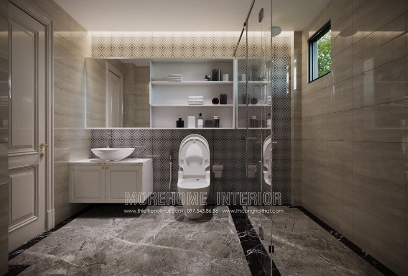 Gạch ốp tường phòng tắm đẹp sang trọng với hoa văn độc đáo. Thiết kế nội thất biệt thự tại Hà Nội